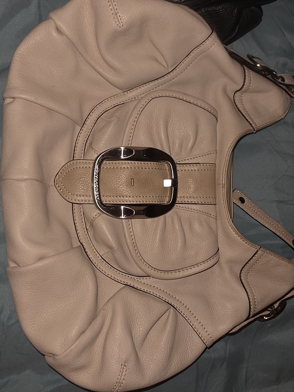 Leather Shoulder Bag with Buckle Detail - Beige